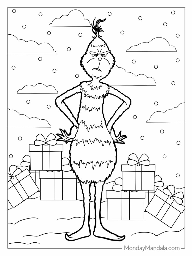 Unhappy Grinch With Christmas Presents Coloring Page | PDF