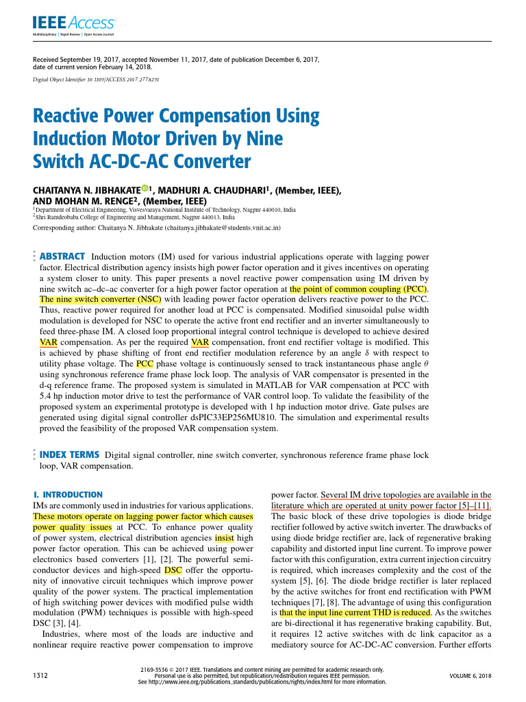 Reactive Power Compensation Using Induction Motor Driven by Nine Switch
