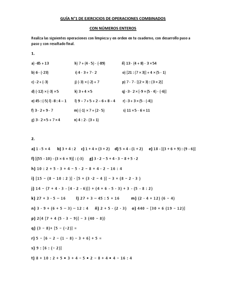 Guia N 1 De Ejercicios De Operaciones Combinados Pdf Entero Ensenanza De Matematica
