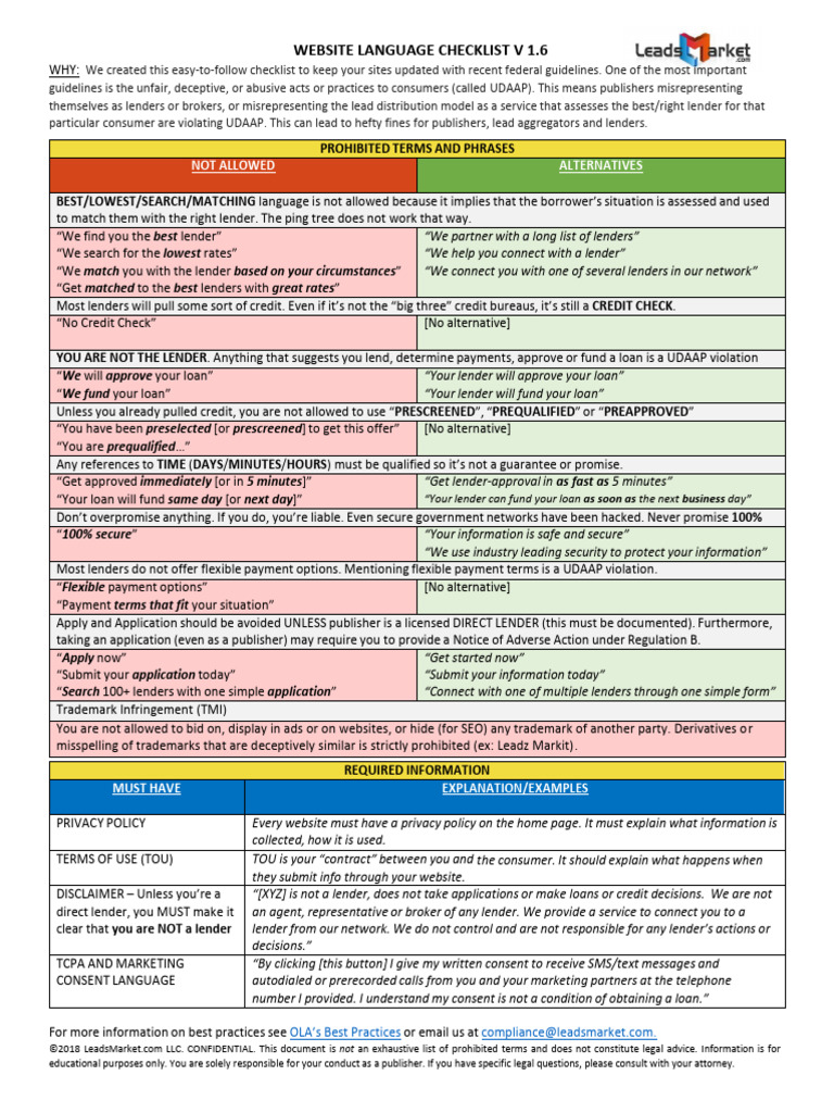 Publisher UDAAP Checklist-1 PAGER V 1.6 | PDF | Loans | Credit Score