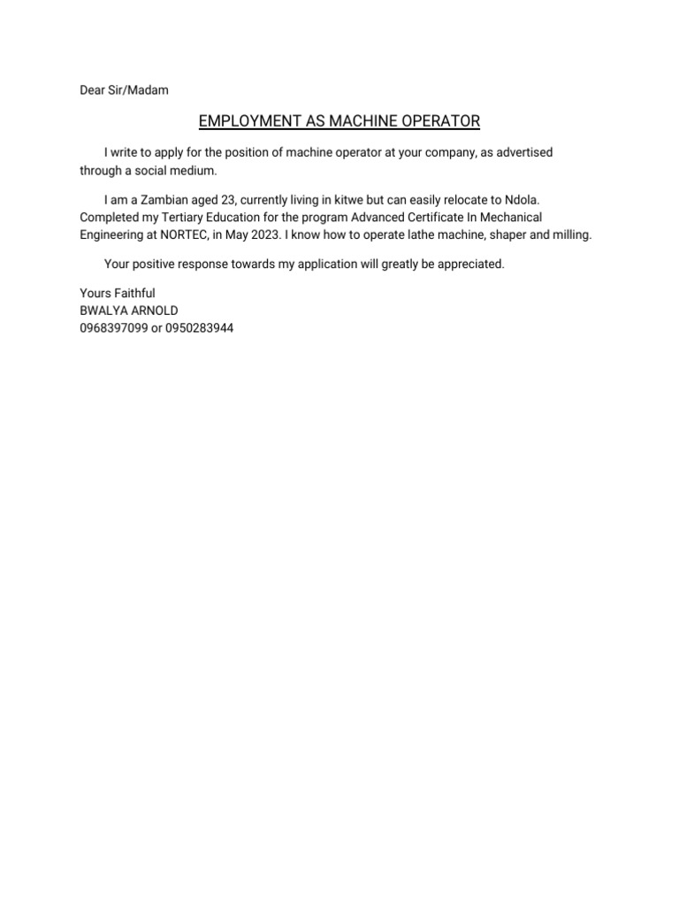 Machine Operator Application | PDF | Business | Technology & Engineering