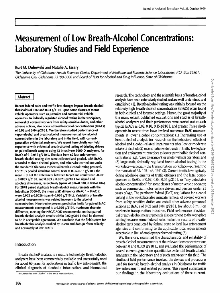 Dubowski, K. Essary, N. Measurement of Low-Breath-Alcohol ...