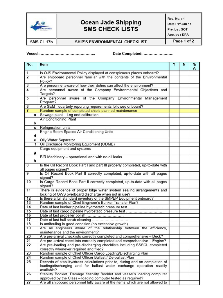 SMS CL 17b - Ship's Environmental Checklist | PDF | Pollution