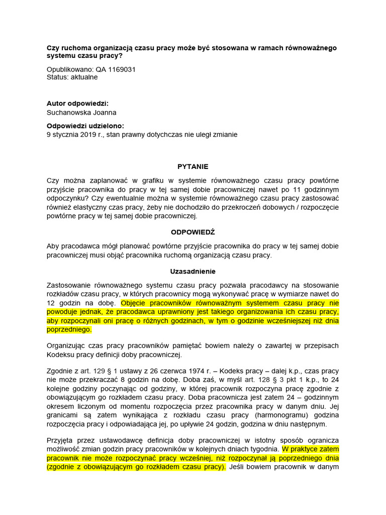 Czy Ruchoma Organizacja Czasu Pracy Moze Byc | PDF