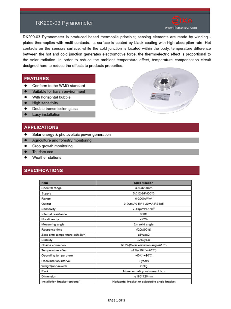 RK200-03 Pyranometer Specification v4.0 | PDF | Physical Sciences ...