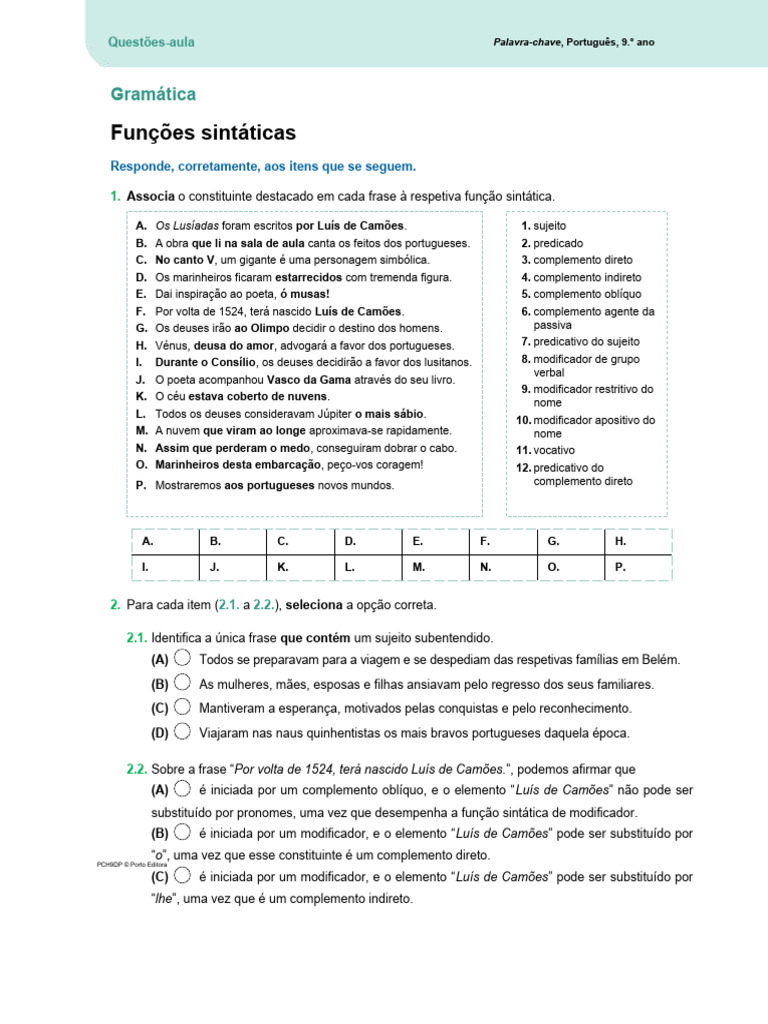 Pch9 Questao Aula Funcoes Sintaticas Pdf Assunto Gramática