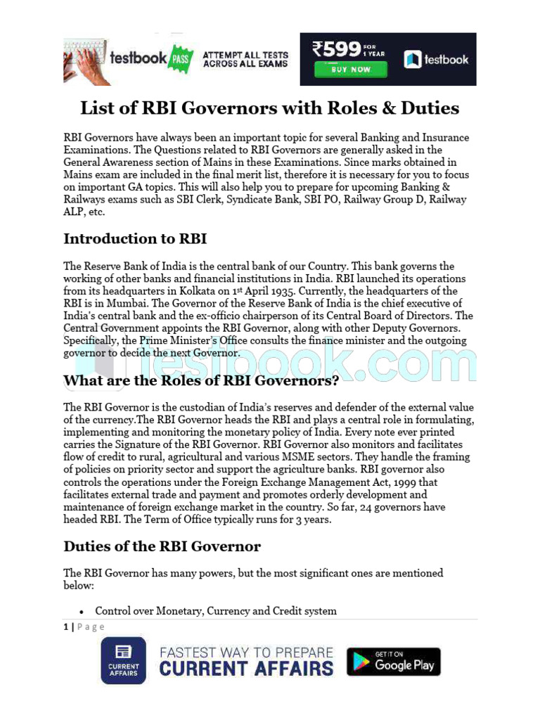 List of RBI Governors With Roles Duties | PDF | Reserve Bank Of India ...
