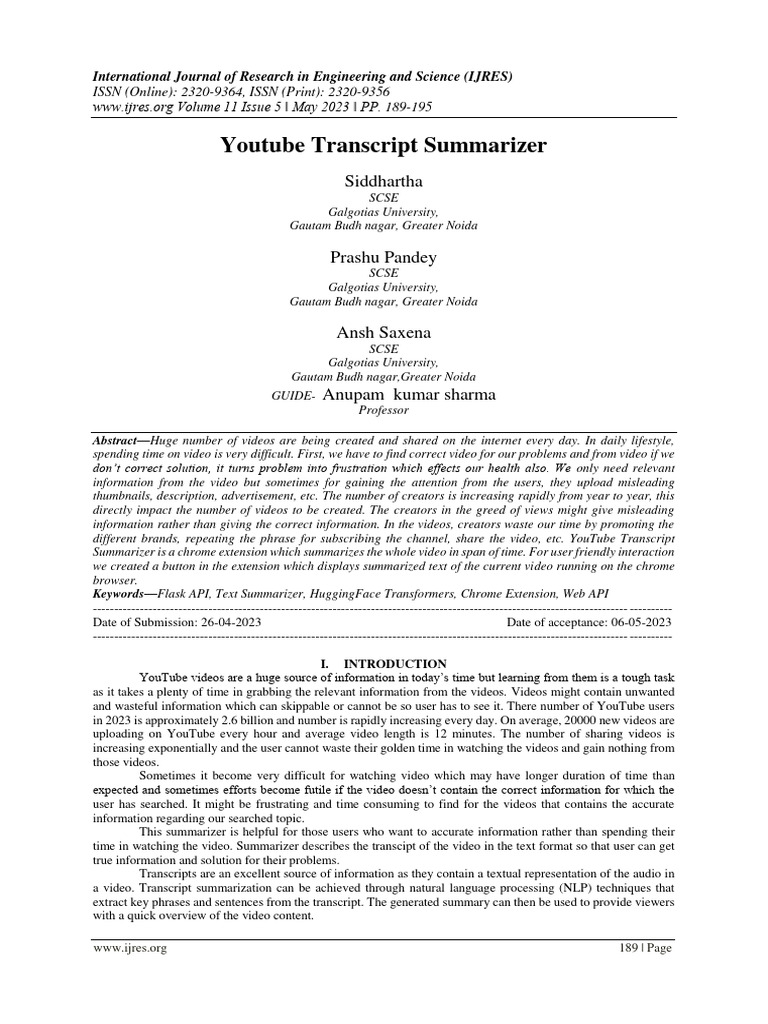 Youtube transcript summarizer siddhartha pdf world wide web