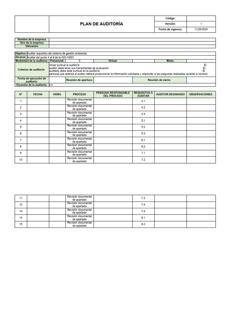 Plan de Auditoría ISO 14001 2024 | PDF | Auditoría | Contralor