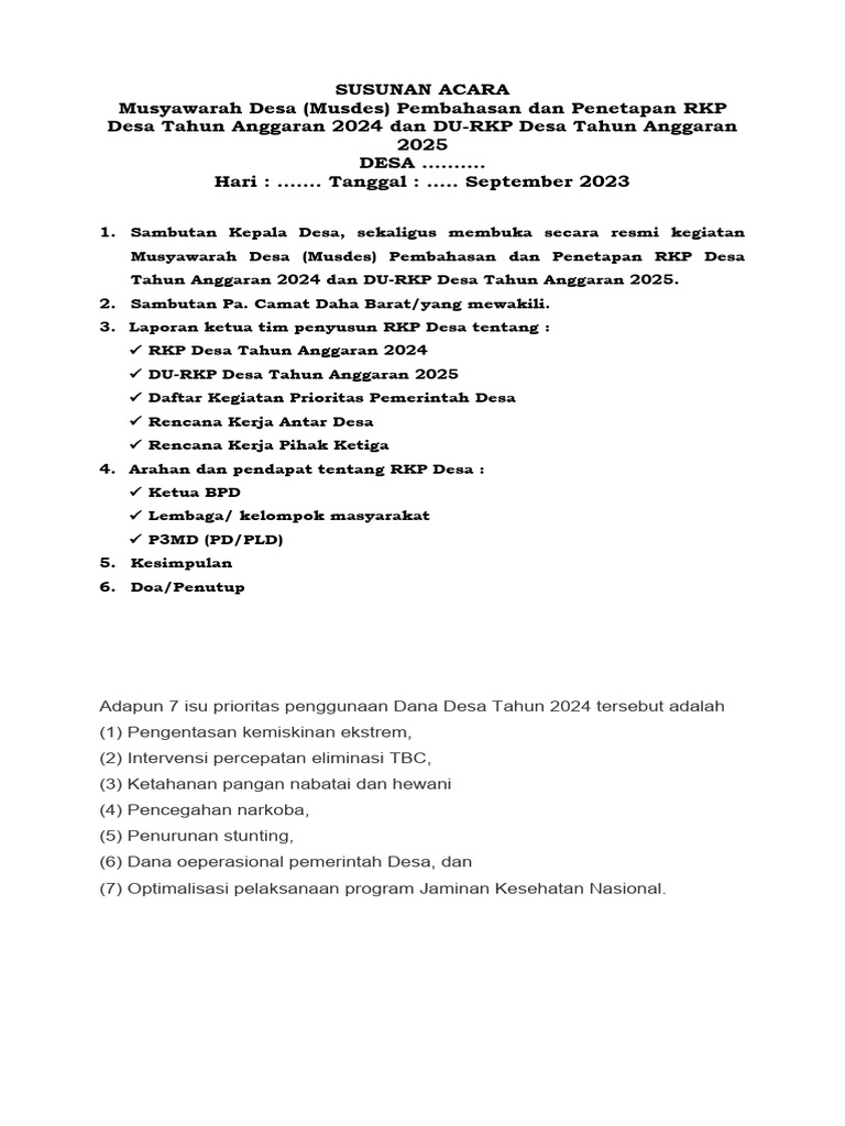 Susunan Acara Musdes RKP Desa 2024 | PDF | Ilmu Sosial | Sains & Matematika