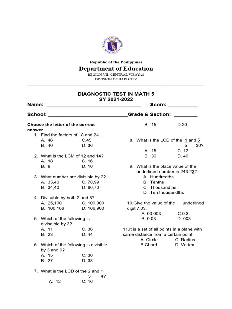 Grade 5 Math Diagnostic Test 2021-2022 | PDF | Circle | Mathematics