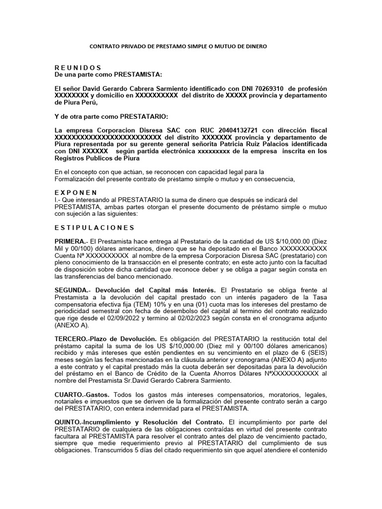 Contrato 2 Privado de Prestamo de Dinero | Descargar gratis PDF ...