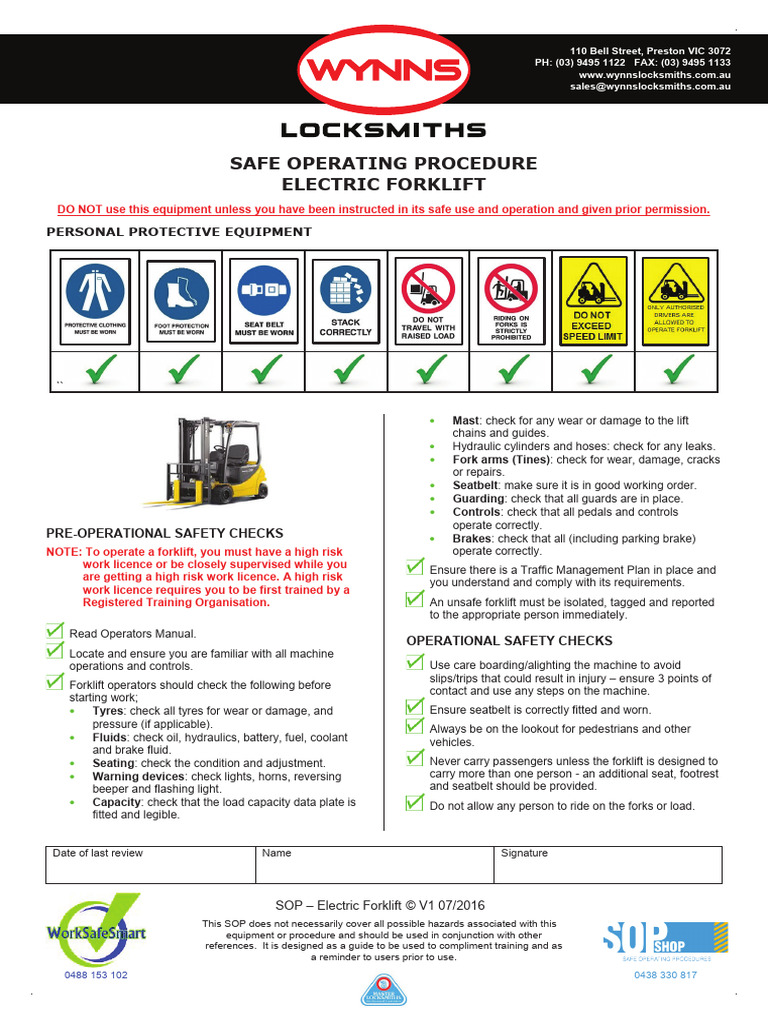 Electric Forklift Safe Operating Procedures | PDF | Forklift | Transport