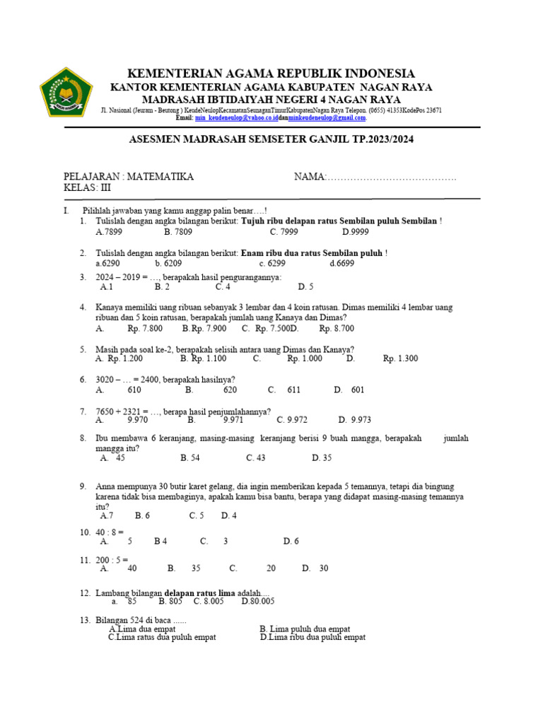 Soal Matematika Kelas 3 Pdf
