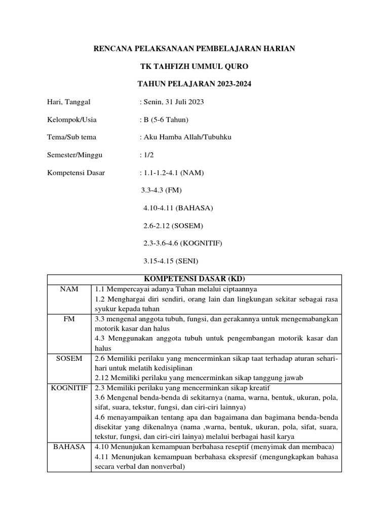 Contoh RPPH TK B Kurikulum 2013 | PDF