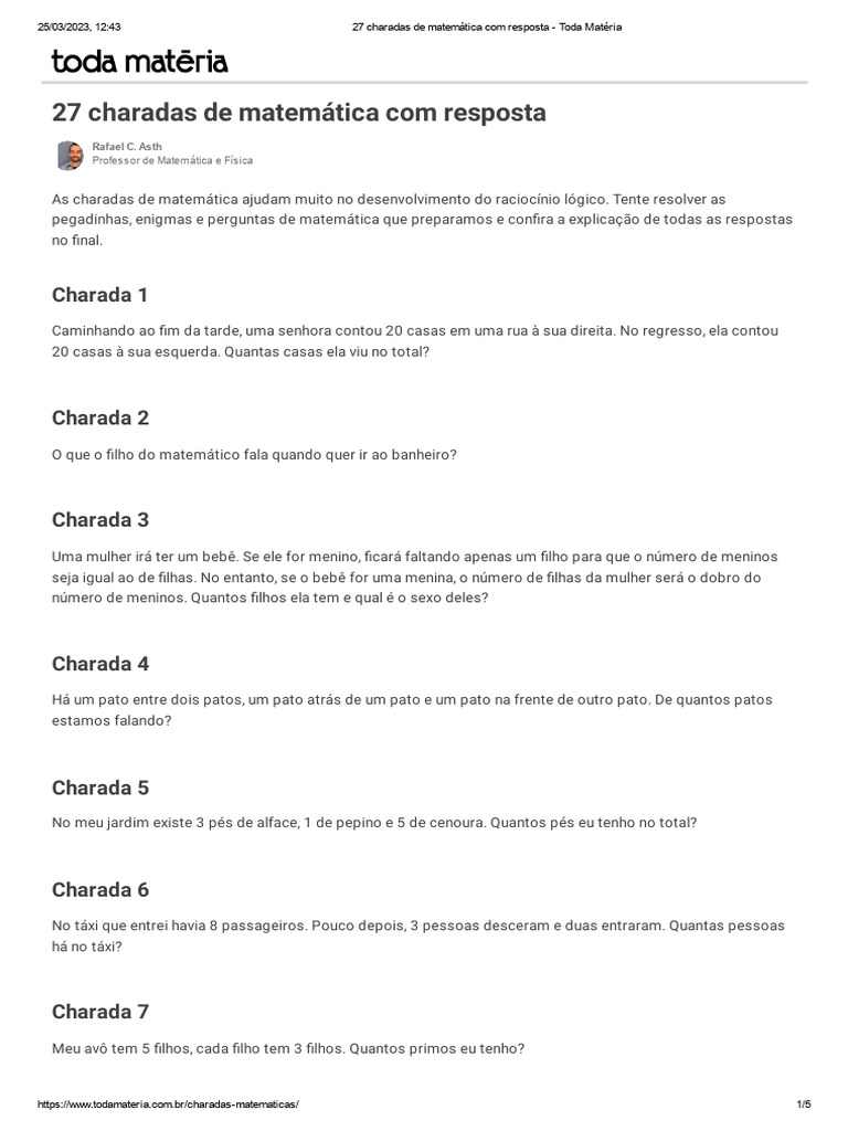 Charadas Matemáticas com Respostas | PDF | Lógica | Matemática