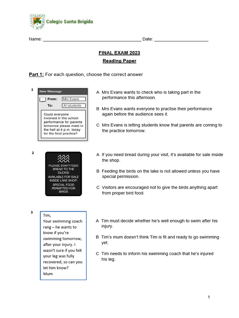 Final Exam 2023 Reading v1 | PDF | Swimming | Beach