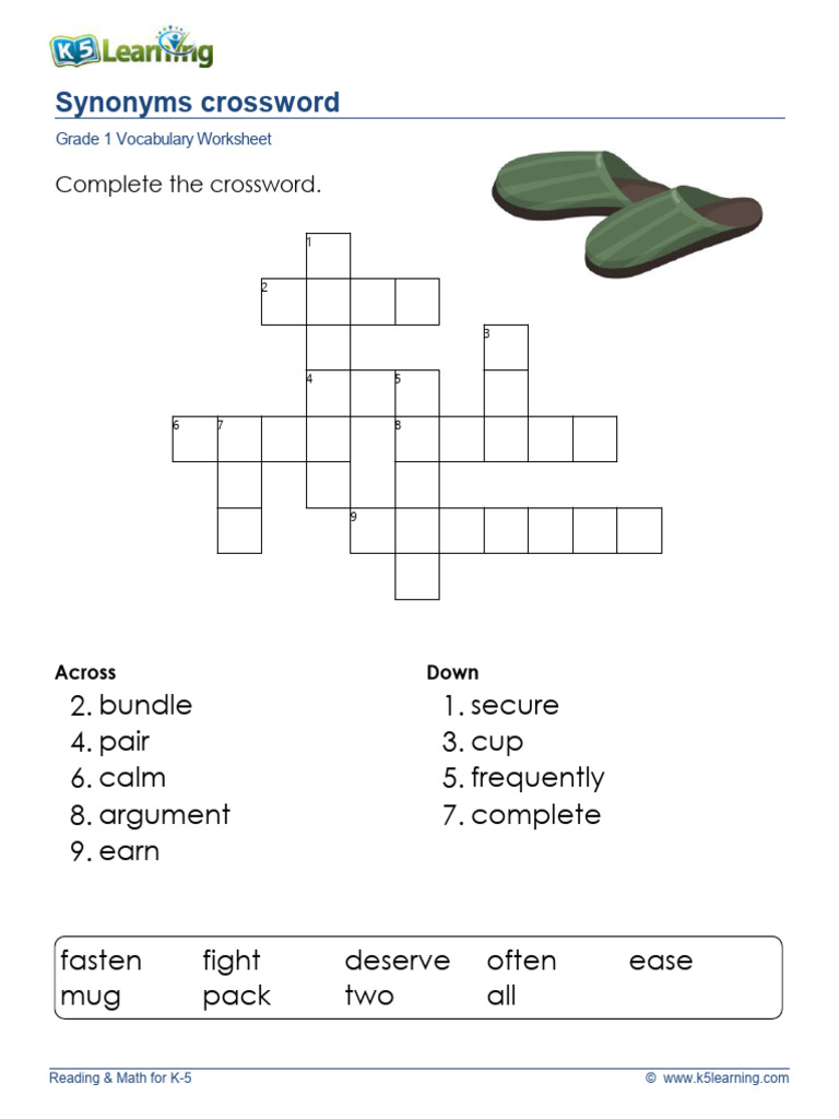 1st Grade Synonyms Crossword 2 PDF