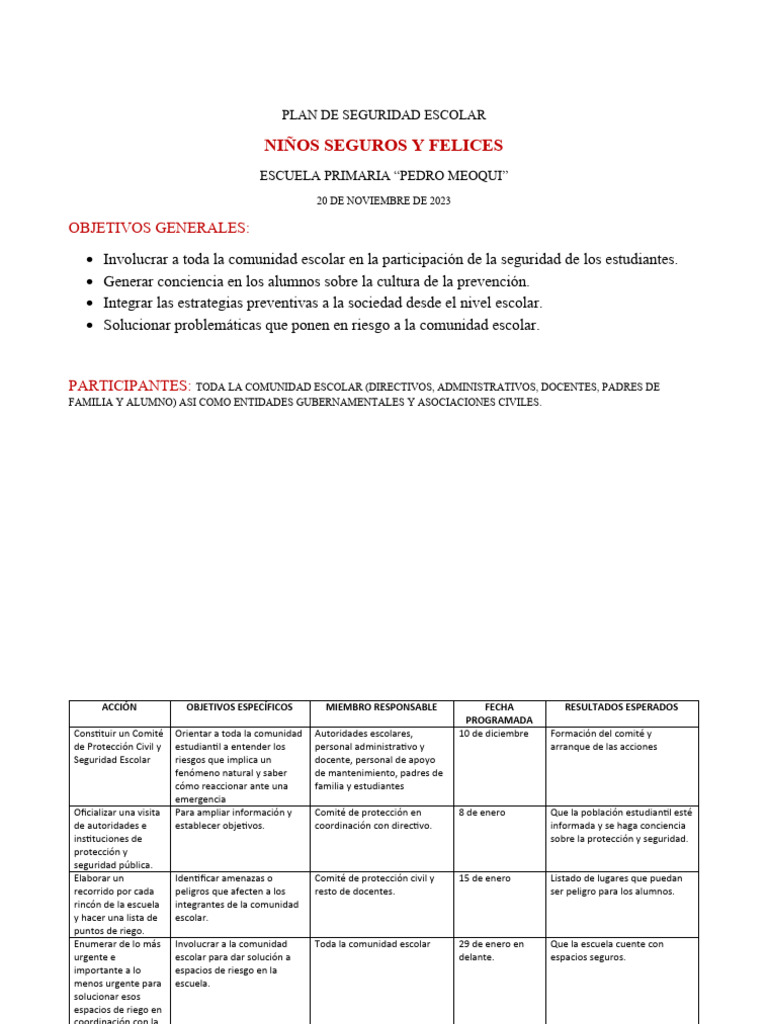 Plan de Seguridad Escolar | PDF | Riesgo | Defensa Civil