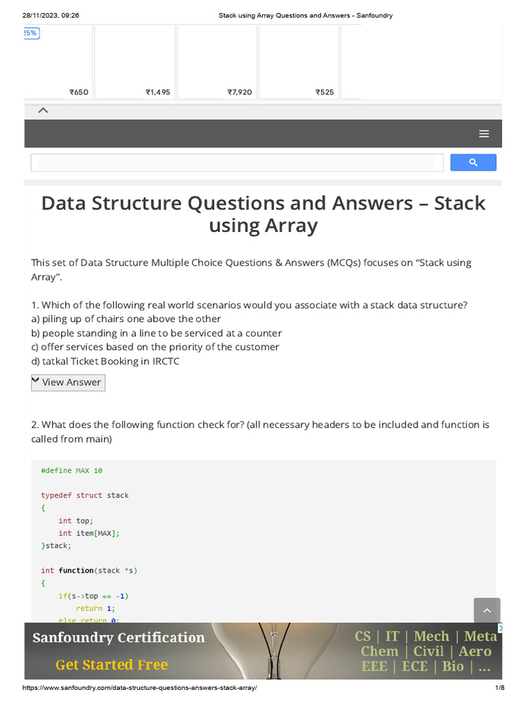 Stack Using Array Questions and Answers | PDF | Pointer (Computer ...