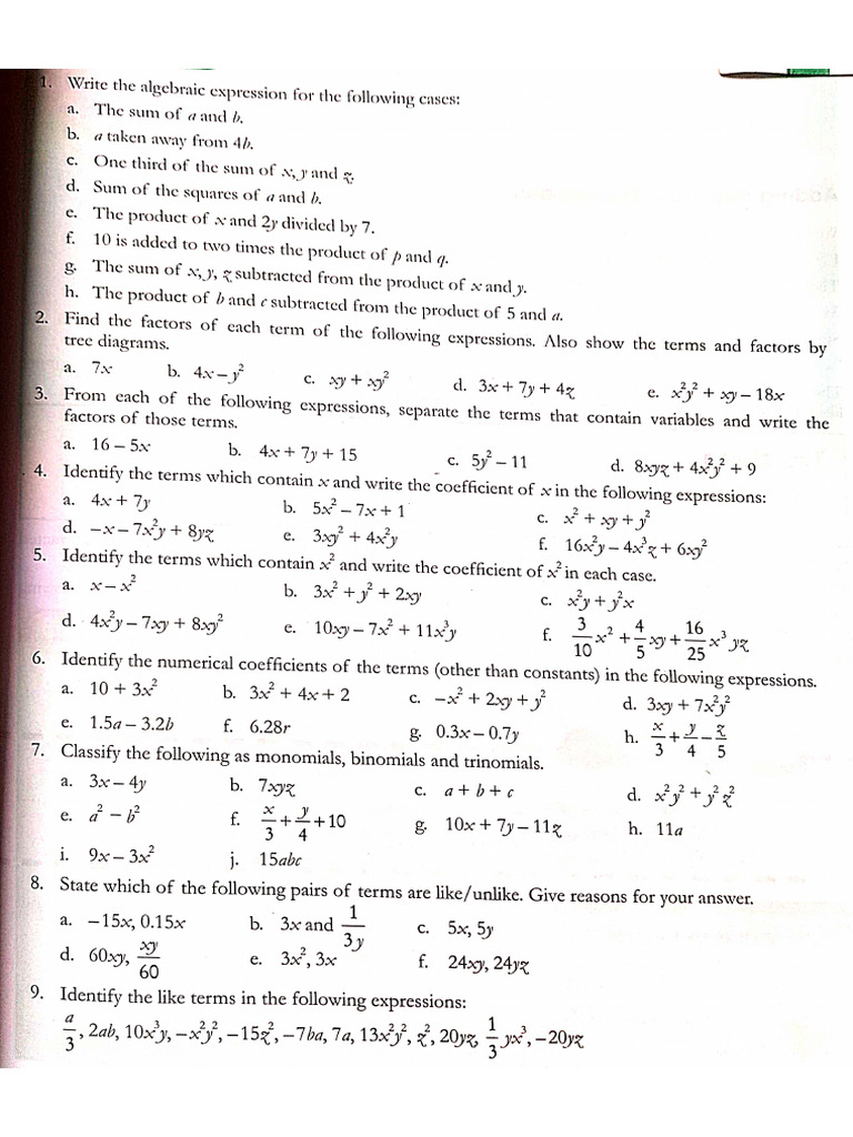 Class 7 algebraic expression extra sums pdf
