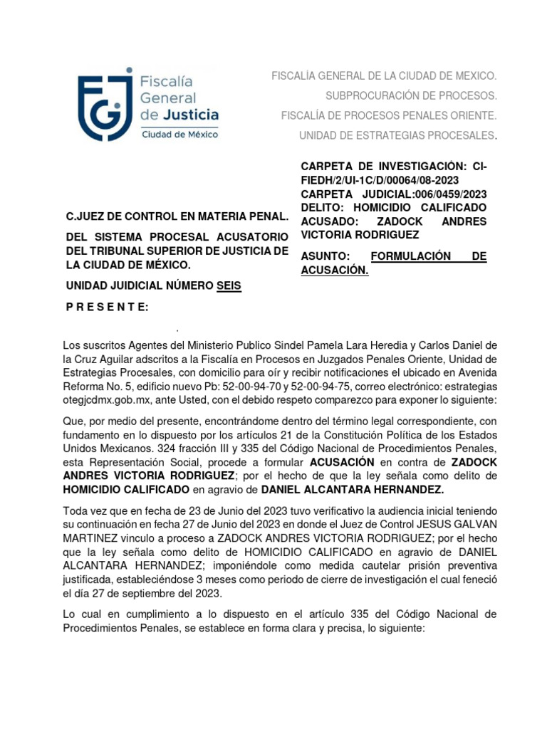 Acusación por Homicidio Calificado en CDMX | PDF | Procedimiento ...
