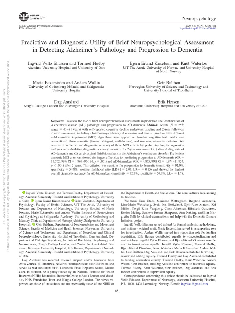 Predictive and Diagnostic Utility of Brief Neuropsychological