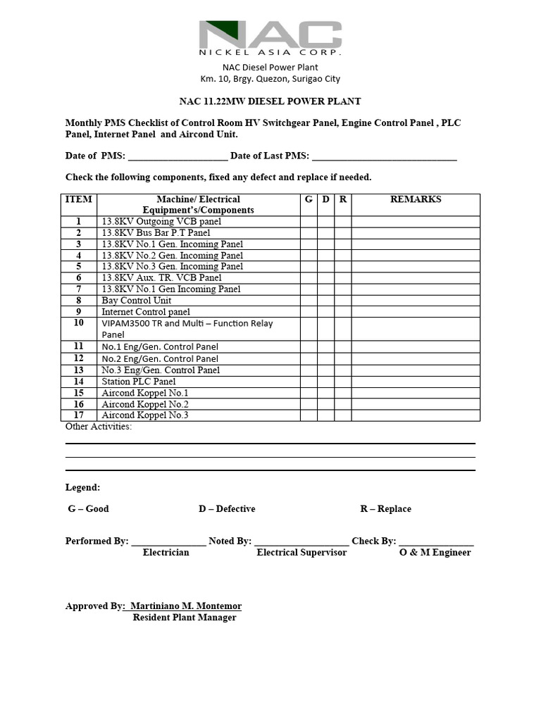 Monthly PMS Checklist for Control Panels | PDF | Computers