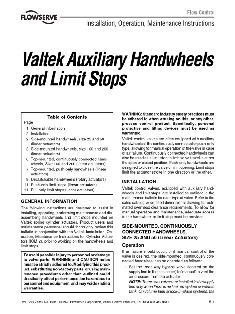 Valtek Handwheels and Limit Stops (Flow Serve) PDF Valve Bearing