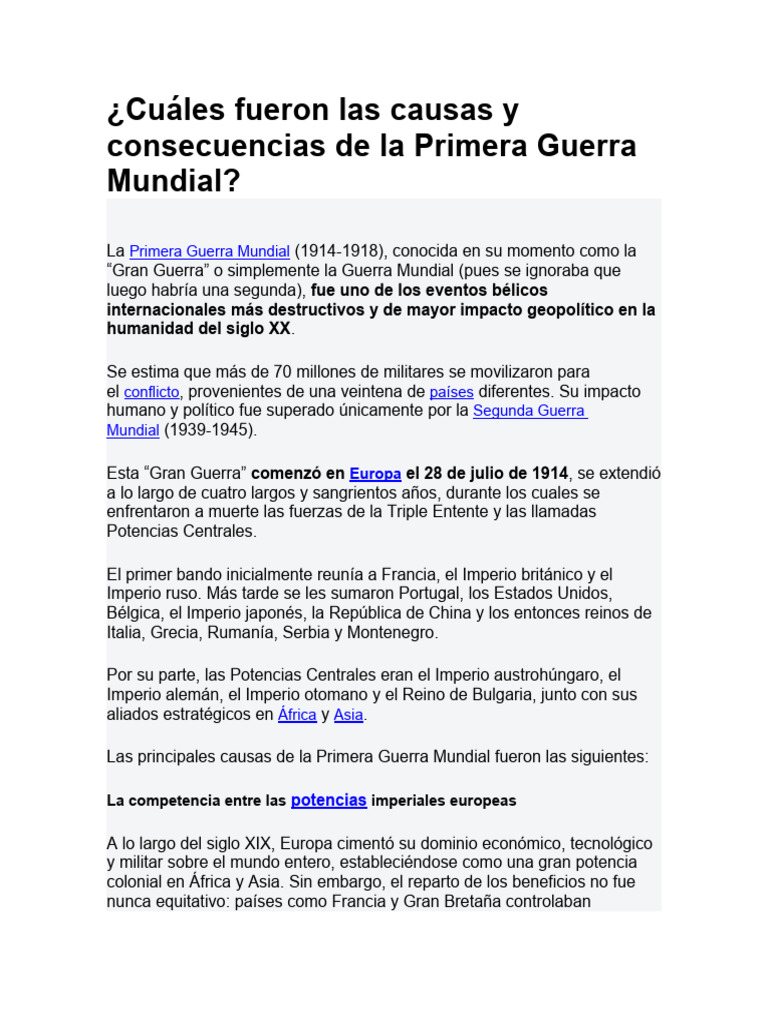 Cuáles Fueron Las Causas y Consecuencias de La Primera Guerra Mundial ...