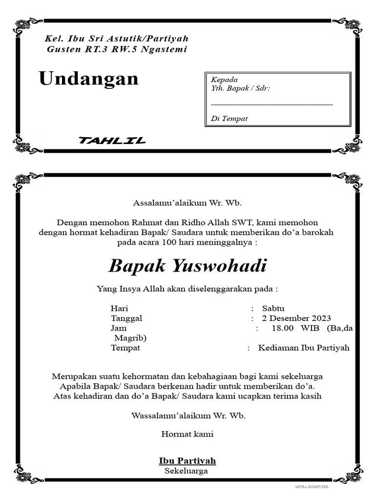 Undangan Tahlil 100 Hari | PDF