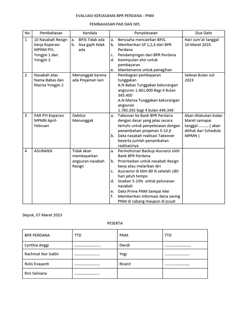 Evaluasi Kerjasama BPR Perdana | PDF