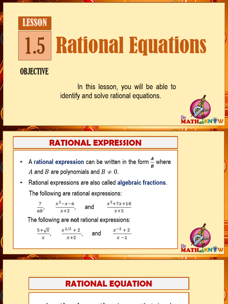 Lesson 1.5 Rational Equations | PDF | Equations | Rational Number