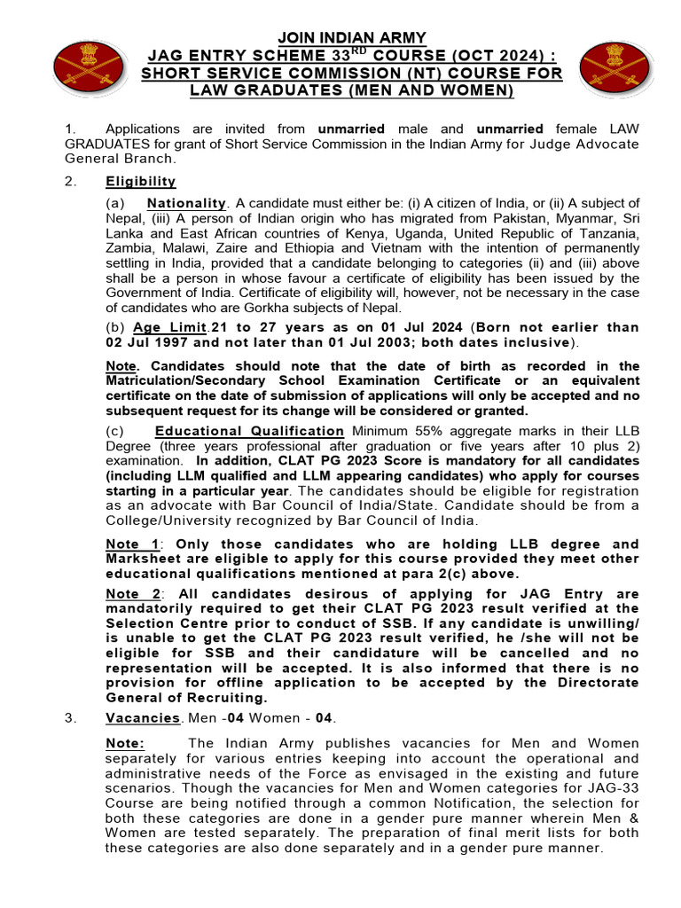 JAG Entry Scheme 33rd Course 2024 | PDF | Advocate