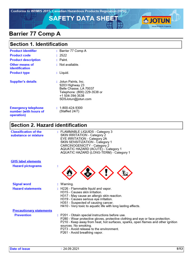 Barrier 77 Comp A Safety Data Sheet | PDF | Toxicity | Dangerous Goods