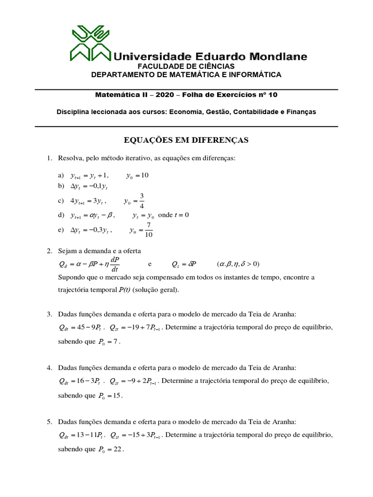 FICHA 10 - Matematica II 2020 | PDF | Equilíbrio econômico | Demanda