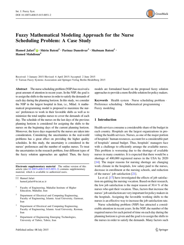 Fuzzy Approach to Nurse Scheduling | PDF | Mathematical Optimization ...