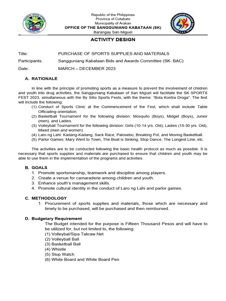 Sports Supplies Purchase Proposal 2023 | PDF | Sports & Recreation ...
