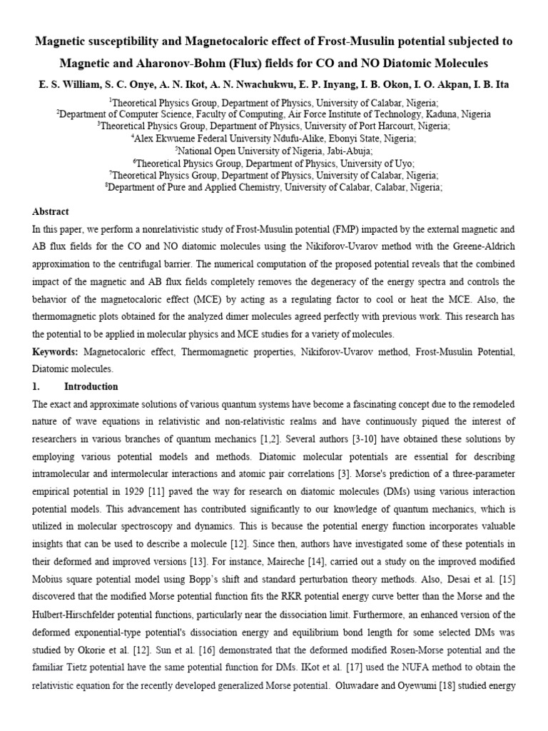 Magnetic Effects on Frost-Musulin Potential | PDF | Chemistry ...