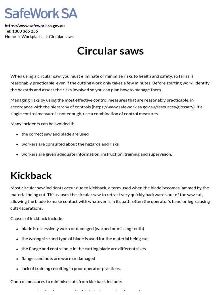 Circular Saws SafeWork SA PDF Safety Risk