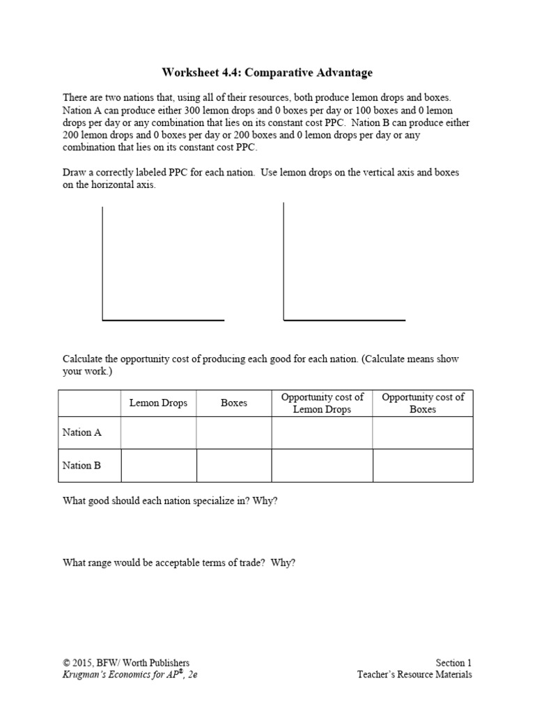 Worksheet 4.4 Comparative Advantage PDF Opportunity Cost Economies