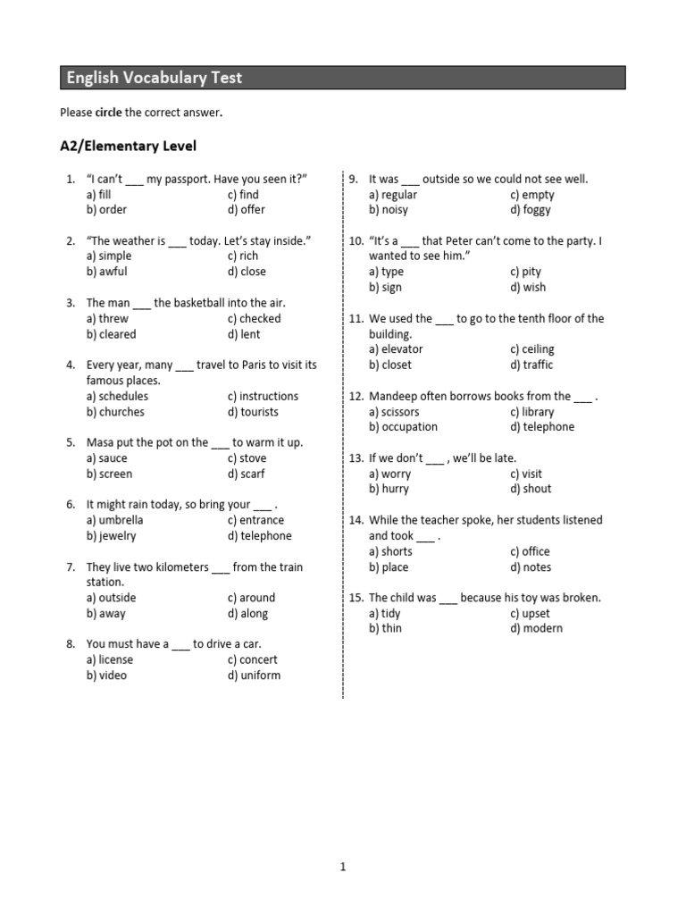 A2 English Vocabulary Quiz | PDF