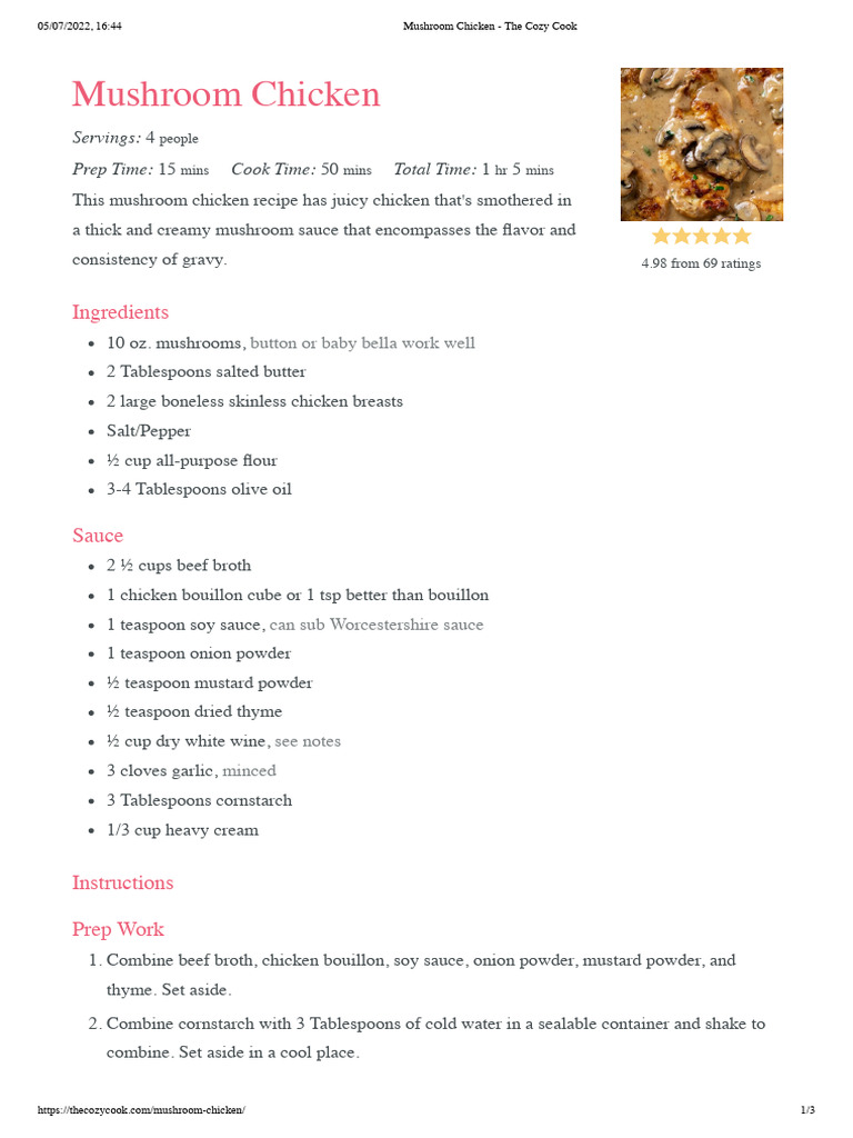 Creamy Mushroom Chicken Recipe | PDF | Fat | Sauce