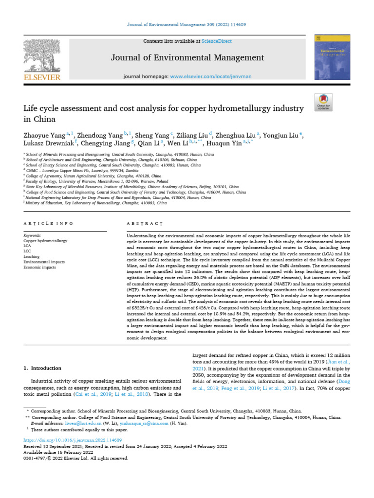Life cycle assessment and cost analysis for copper 2022 journal of