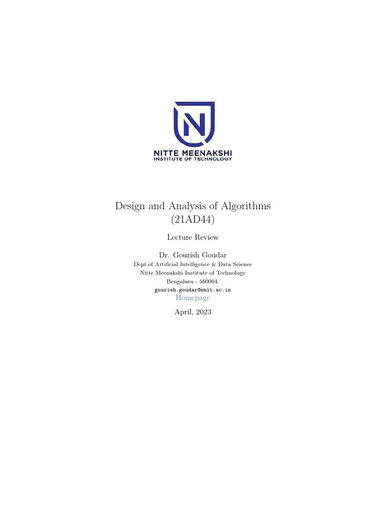 Design and Analysis of Algorithms Lecture Notes | PDF | Time Complexity ...