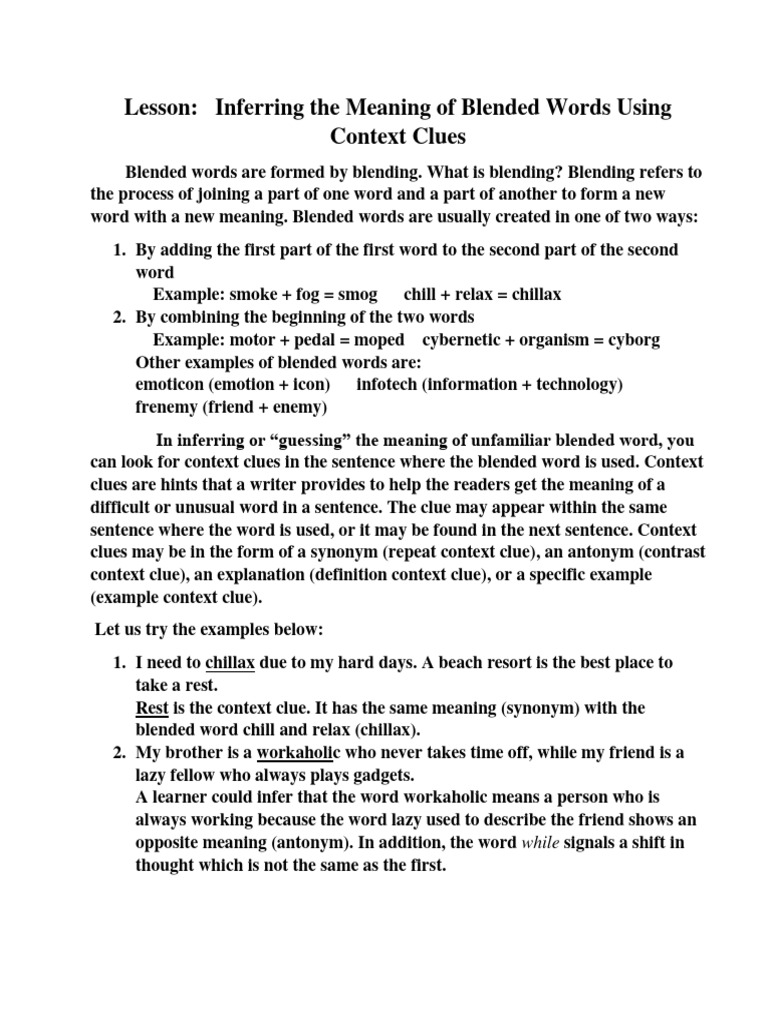 Inferring The Meaning of Blended Words Using Context Clues PDF Meal