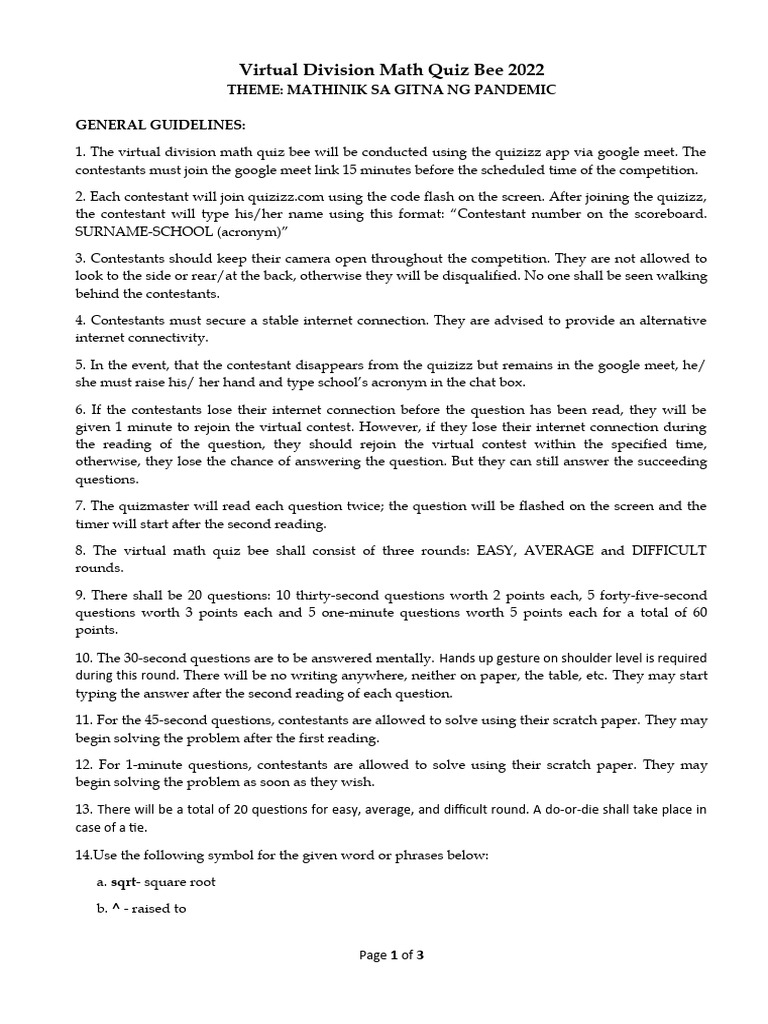 Virtual Math Quiz Bee 2022 Guidelines | PDF