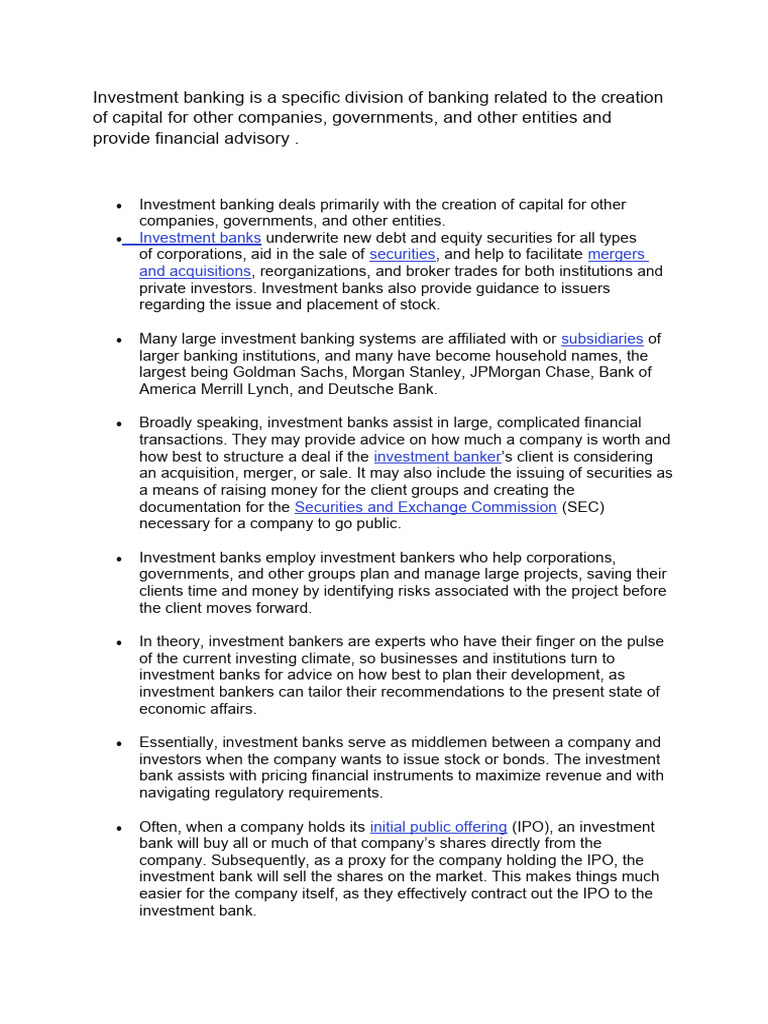 Investment Banking Is A Specific Division of Banking Related To The ...
