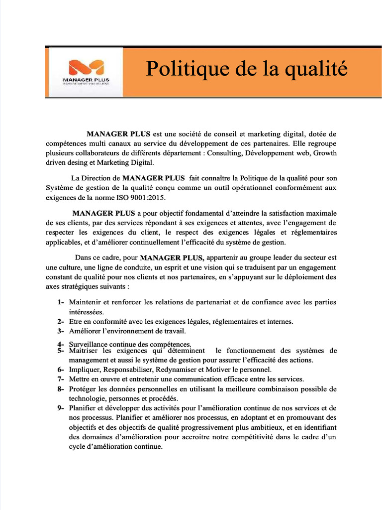 Politique Qualité de MANAGER PLUS | PDF | Planification | Management de ...