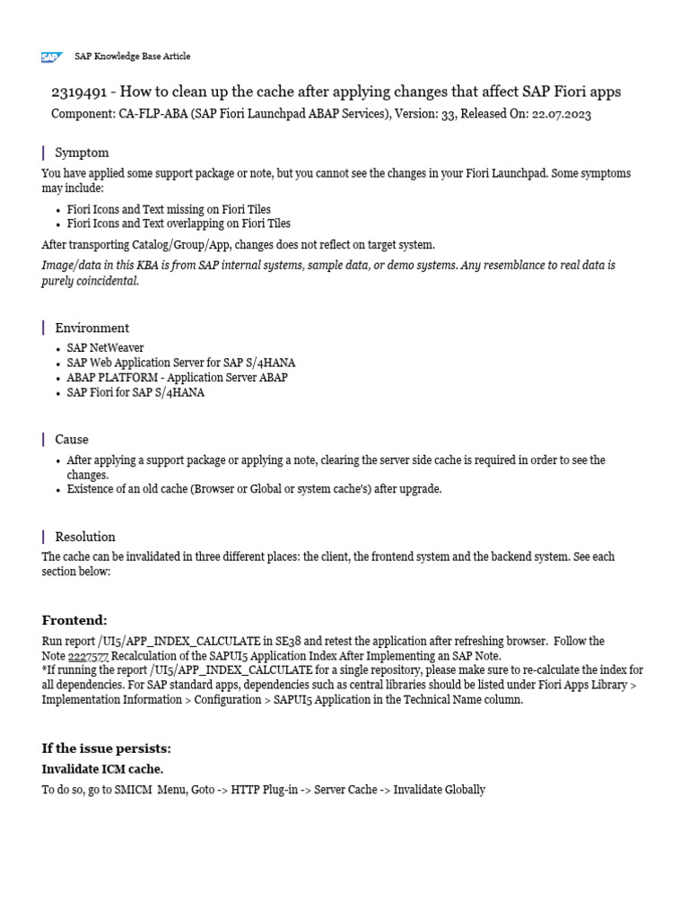 Clearing Cache for SAP Fiori Changes | PDF | Web Application | Cache ...